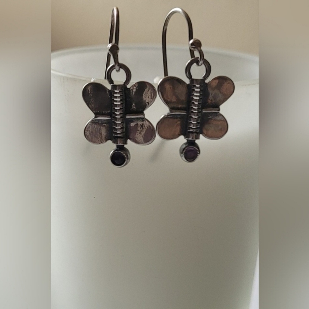 Vintage 925 Sterling Butterfly w/Amethyst Earrings